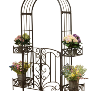 Garden Arch - w Gate and Planters in Rustic Brown